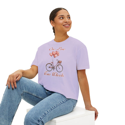 Vintage Bike Boxy Tee - Valentine's Day Women's Boxy Tee with Heart Balloons Graphic