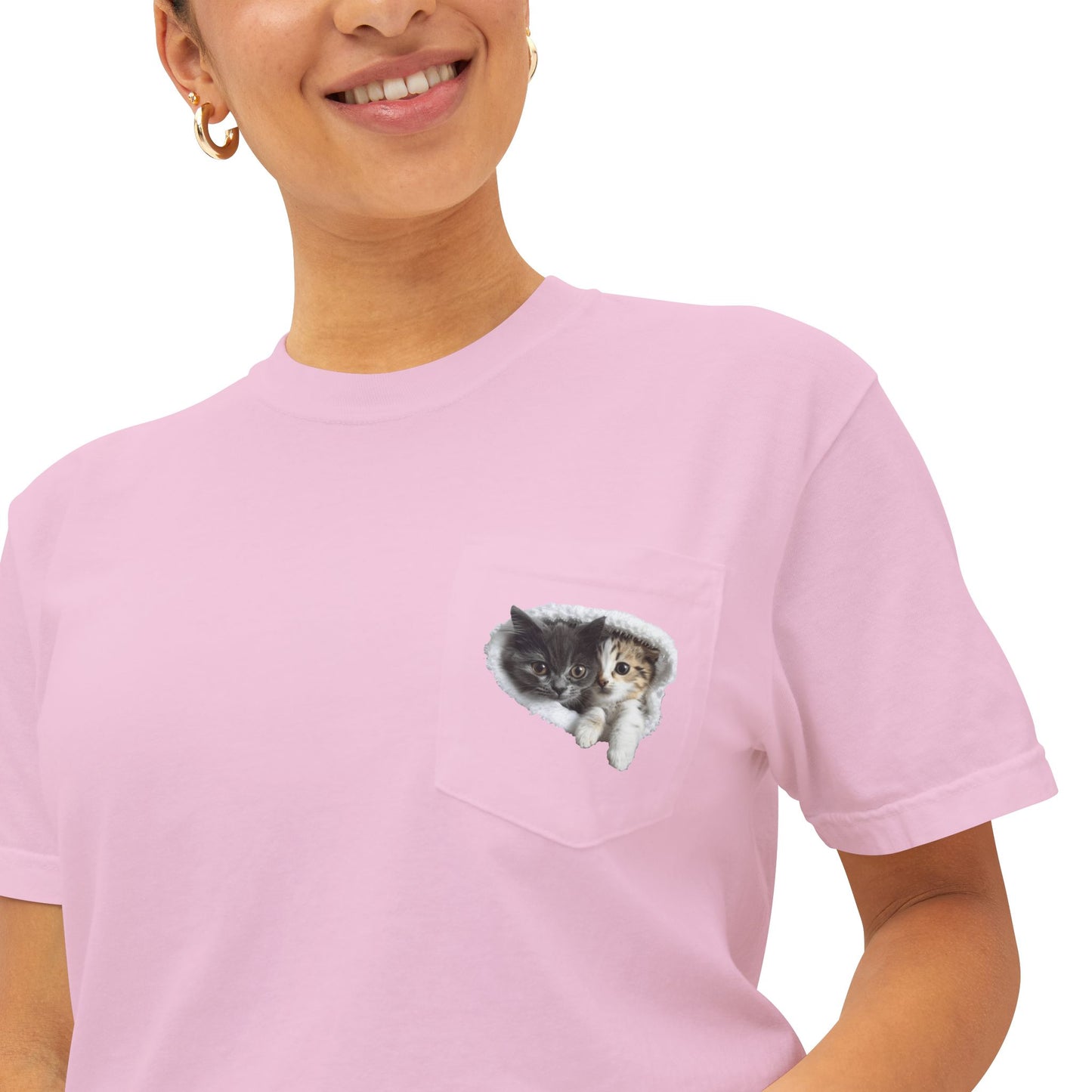 Garment-Dyed Pocket T-Shirt with Adorable Cat Design, Casual Wear, Gift for Cat Lovers, Summer Fashion, Everyday Essentials