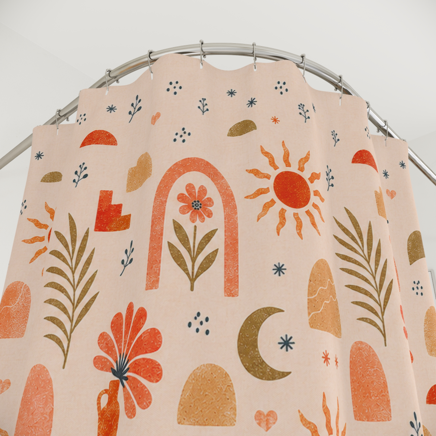 Floral Shower Curtain, Dusty Pink Terracotta Botanical Bath Decor, Modern Earthy Boho Chic Bath Curtain, Vintage Celestial Neutral Gift