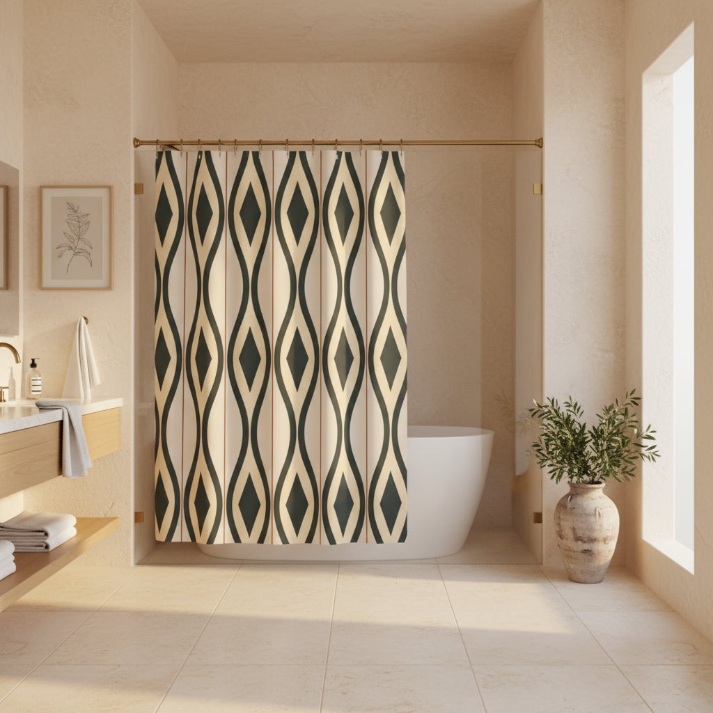 A modern shower curtain with a geometric diamond and wavy stripe pattern in dark green, cream, and thin rust-red lines, hanging in a bright white bathroom.