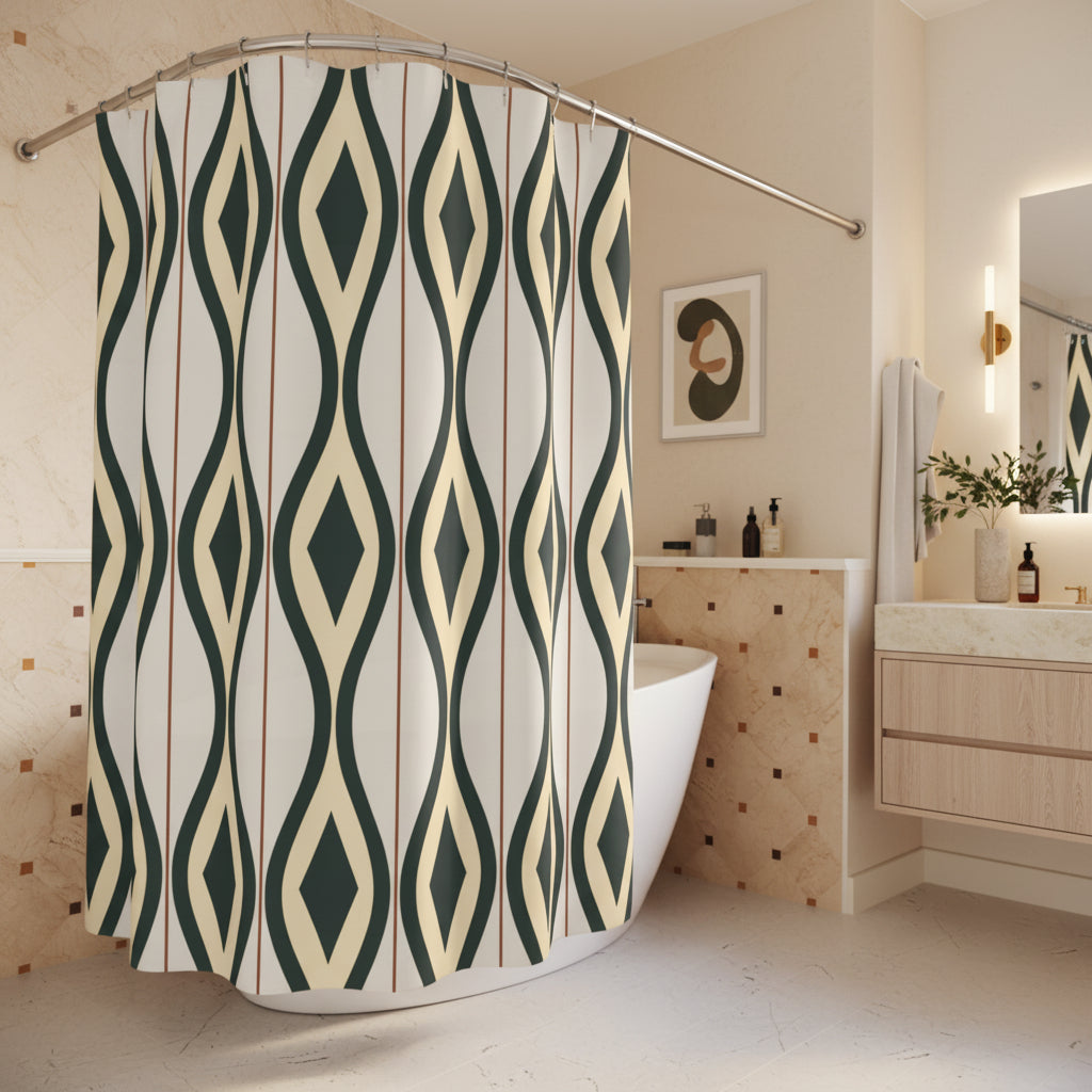 A modern shower curtain with a geometric diamond and wavy stripe pattern in dark green, cream, and thin rust-red lines, hanging in a bright white bathroom.