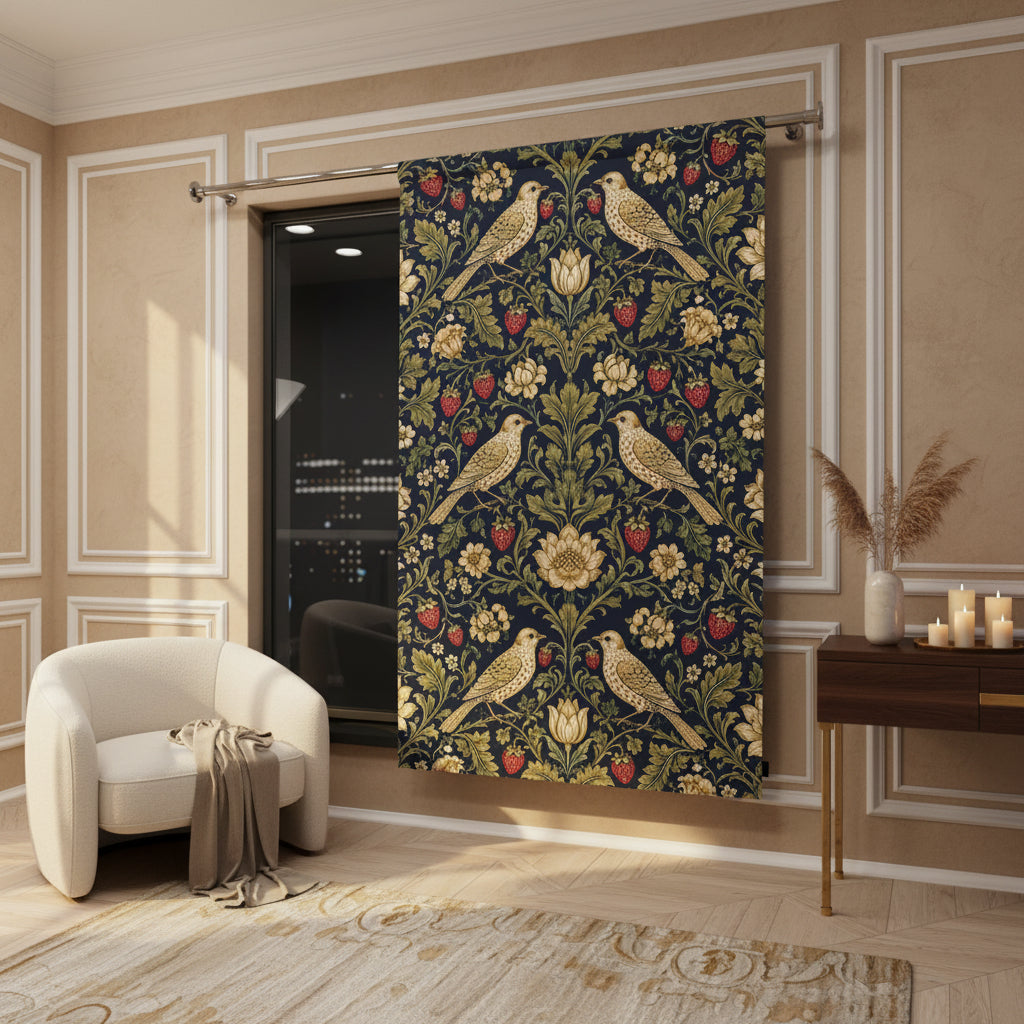 A long window curtain panel hanging on a metal rod in a modern room. The curtain features a dark navy blue background with a detailed floral and bird pattern in olive green, gold, and red.