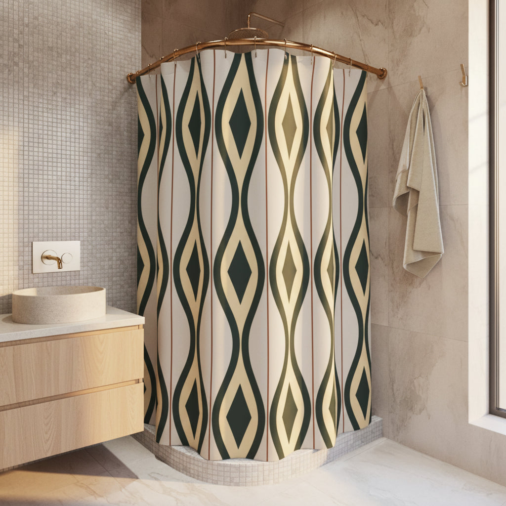 Shower curtain with geometric pattern in a bathroom setting