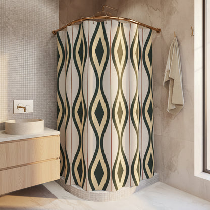 Shower curtain with geometric pattern in a bathroom setting
