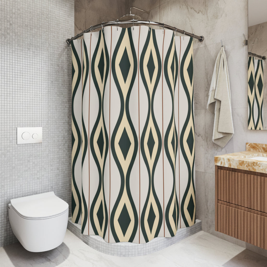 Shower curtain with geometric pattern in a bathroom setting