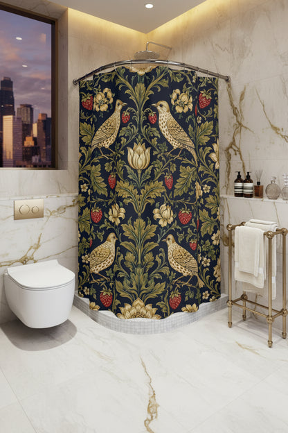 Bathroom with a floral-patterned shower curtain and a white toilet.