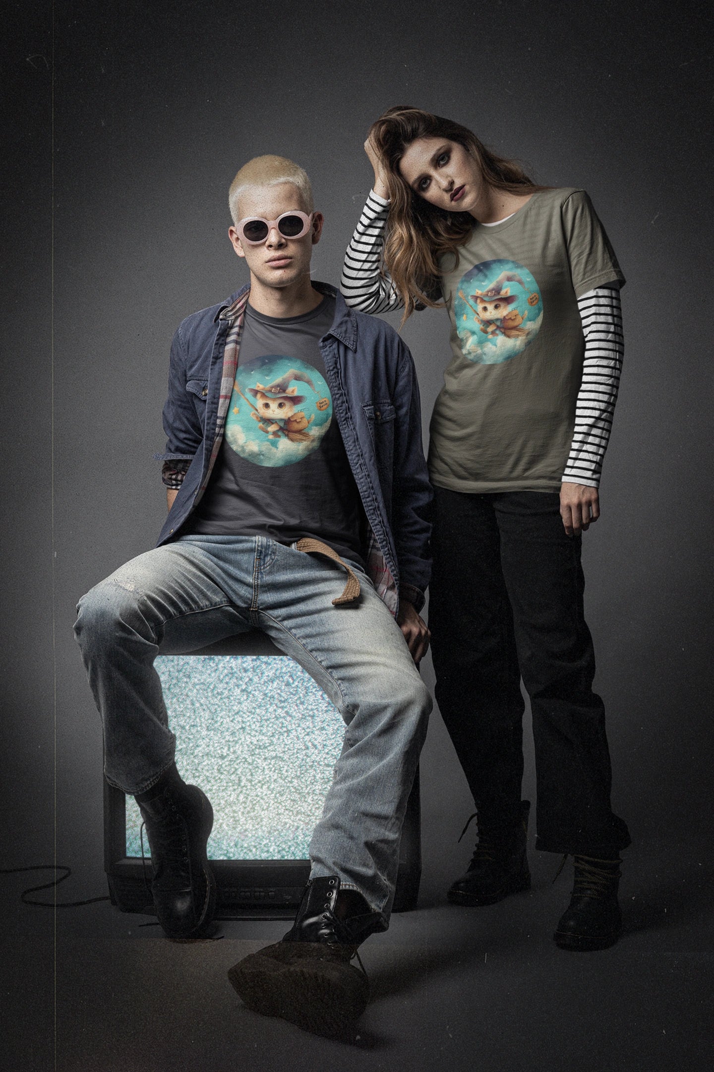 Charming Cat on Witch - Magician Stick T-shirt - Lightweight Fabric Tee