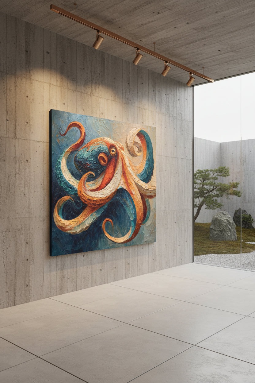 Colorful painting of an octopus with textured background