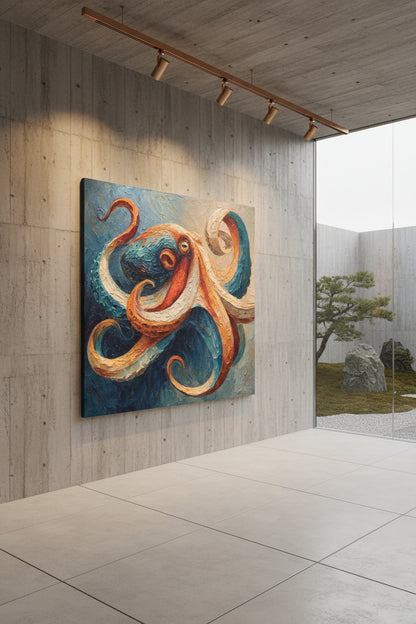 Colorful painting of an octopus with textured background