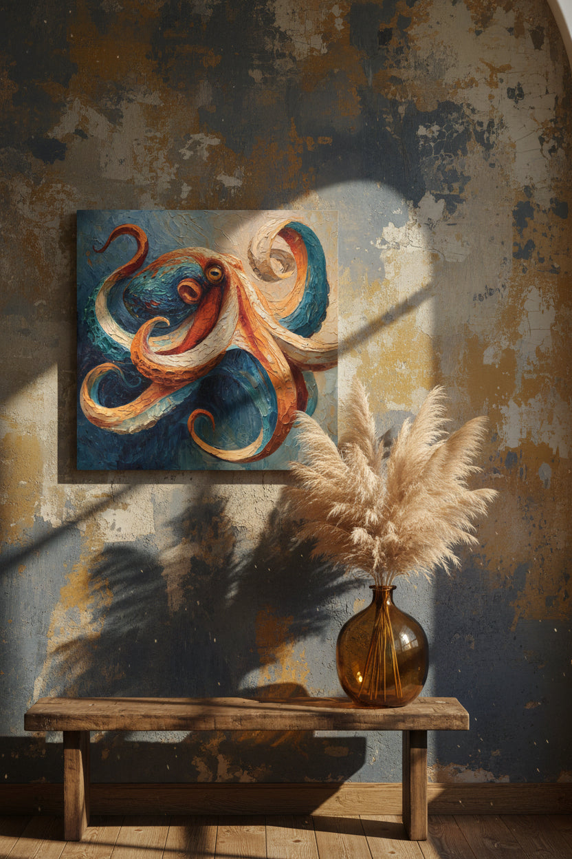 Colorful painting of an octopus with textured background