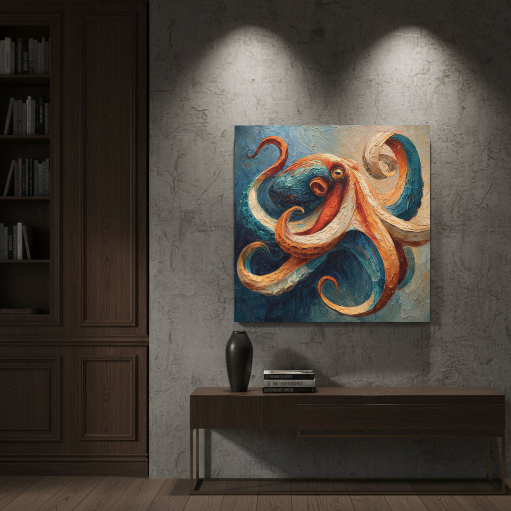 Colorful painting of an octopus with textured background