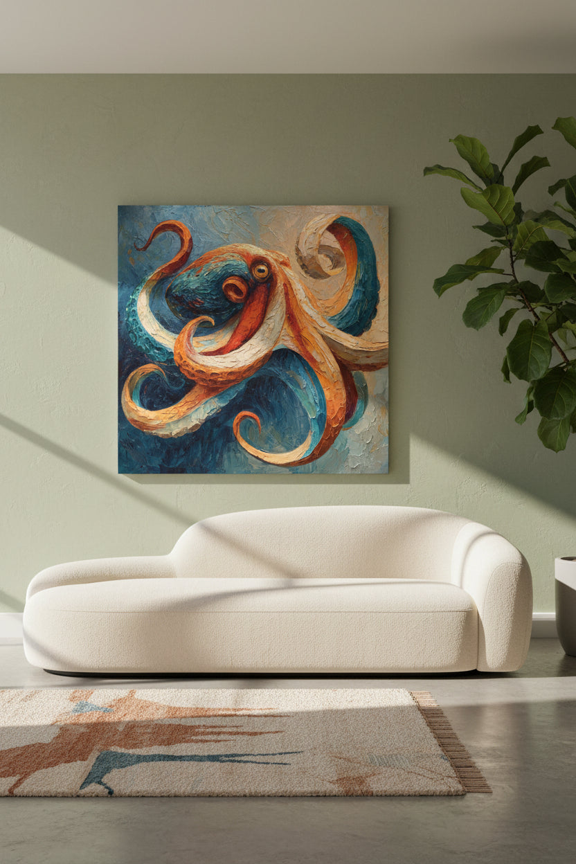 Colorful painting of an octopus with swirling tentacles on a textured background