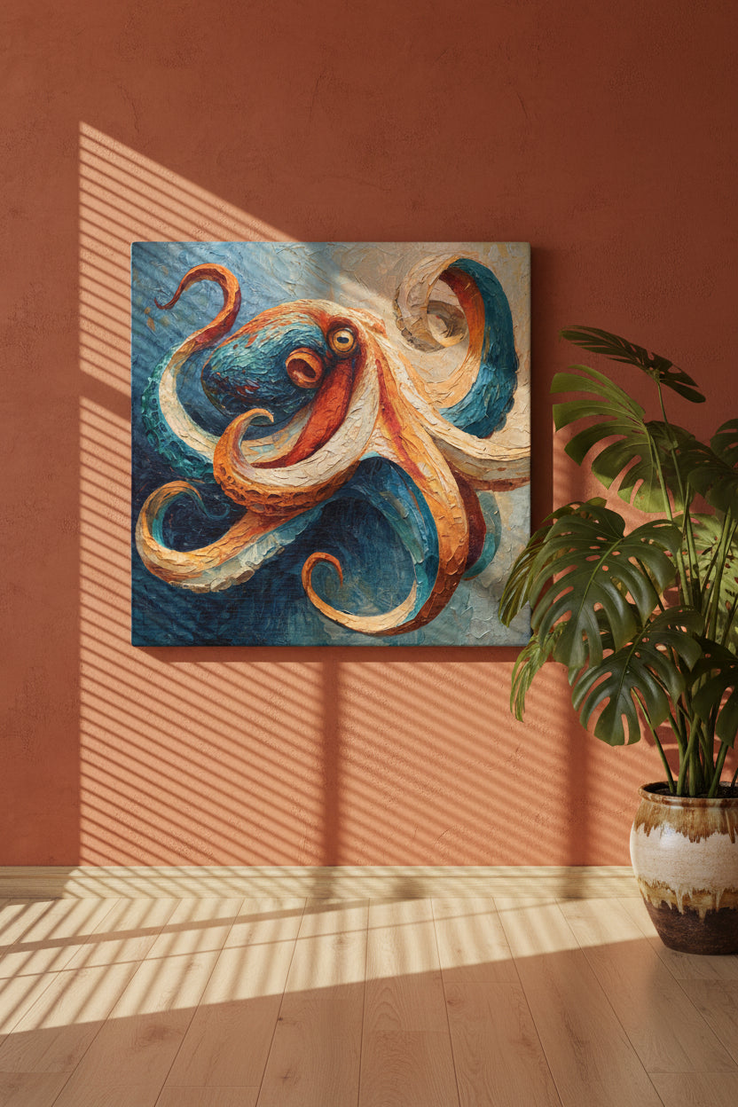 Colorful octopus painting with textured brushstrokes on a square canvas.