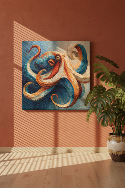 Colorful octopus painting with textured brushstrokes on a square canvas.