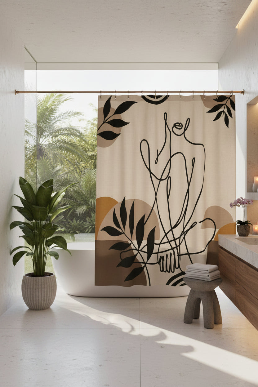 A shower curtain featuring a minimalist black line art illustration of a seated figure, surrounded by abstract organic shapes and leafy motifs in beige, brown, and mustard tones. The curtain is shown hanging from silver rings on a white rod, with a white bathtub partially visible underneath.