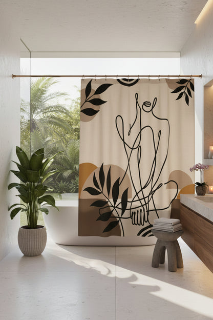 A shower curtain featuring a minimalist black line art illustration of a seated figure, surrounded by abstract organic shapes and leafy motifs in beige, brown, and mustard tones. The curtain is shown hanging from silver rings on a white rod, with a white bathtub partially visible underneath.