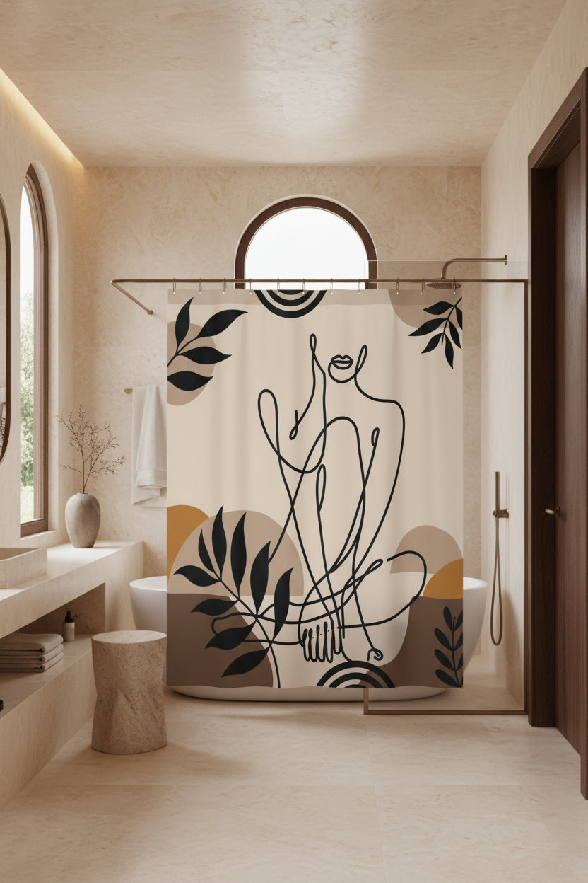 A shower curtain featuring a minimalist black line art illustration of a seated figure, surrounded by abstract organic shapes and leafy motifs in beige, brown, and mustard tones. The curtain is shown hanging from silver rings on a white rod, with a white bathtub partially visible underneath.