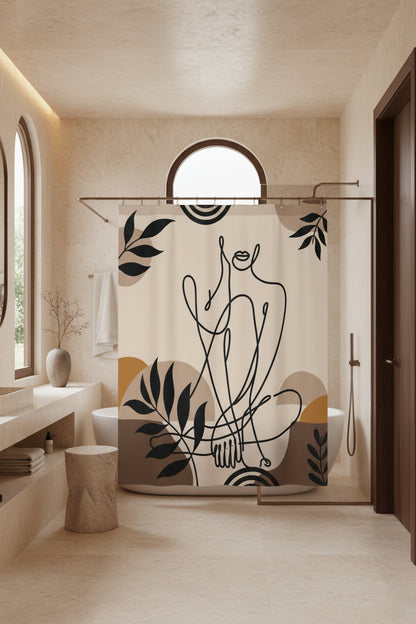 A shower curtain featuring a minimalist black line art illustration of a seated figure, surrounded by abstract organic shapes and leafy motifs in beige, brown, and mustard tones. The curtain is shown hanging from silver rings on a white rod, with a white bathtub partially visible underneath.