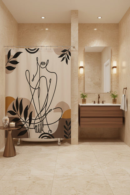 A shower curtain featuring a minimalist black line art illustration of a seated figure, surrounded by abstract organic shapes and leafy motifs in beige, brown, and mustard tones. The curtain is shown hanging from silver rings on a white rod, with a white bathtub partially visible underneath.