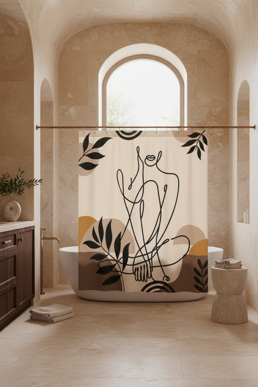 A shower curtain featuring a minimalist black line art illustration of a seated figure, surrounded by abstract organic shapes and leafy motifs in beige, brown, and mustard tones. The curtain is shown hanging from silver rings on a white rod, with a white bathtub partially visible underneath.