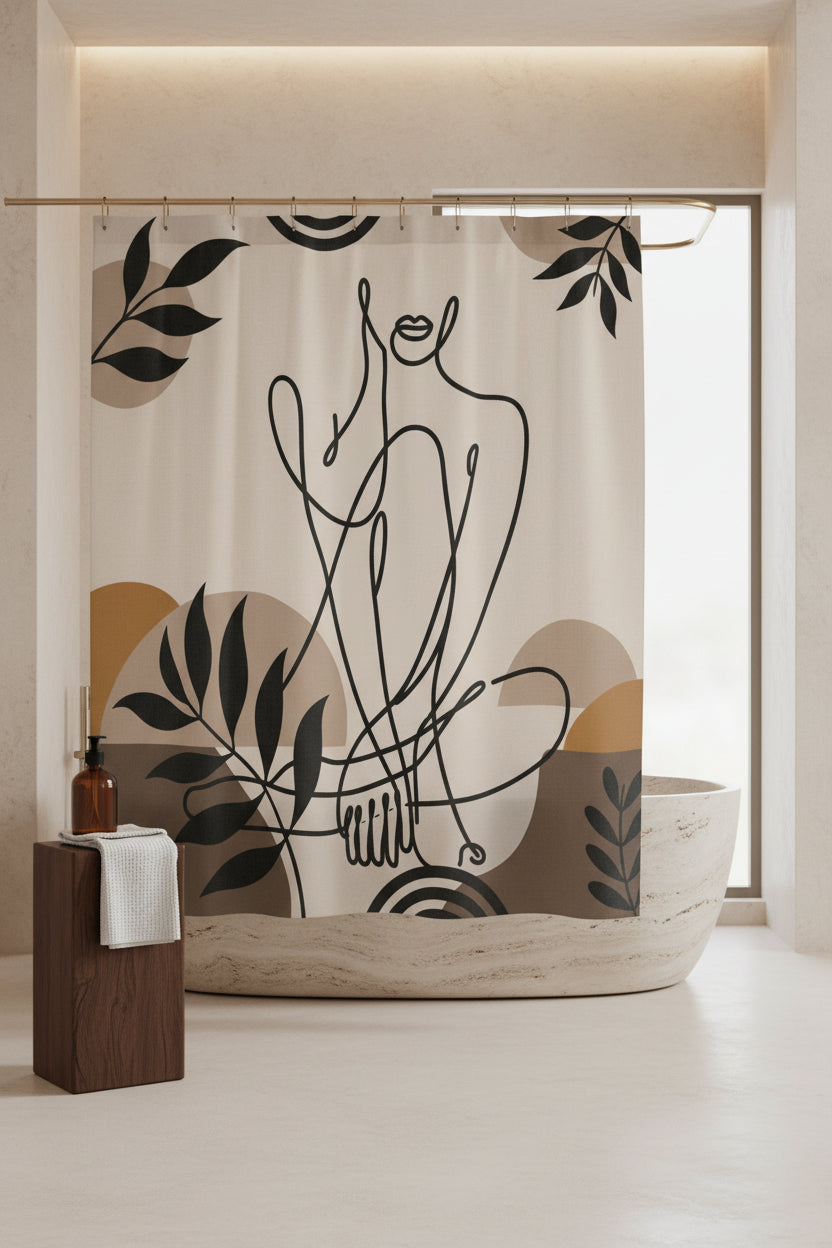 A shower curtain featuring a minimalist black line art illustration of a seated figure, surrounded by abstract organic shapes and leafy motifs in beige, brown, and mustard tones. The curtain is shown hanging from silver rings on a white rod, with a white bathtub partially visible underneath.