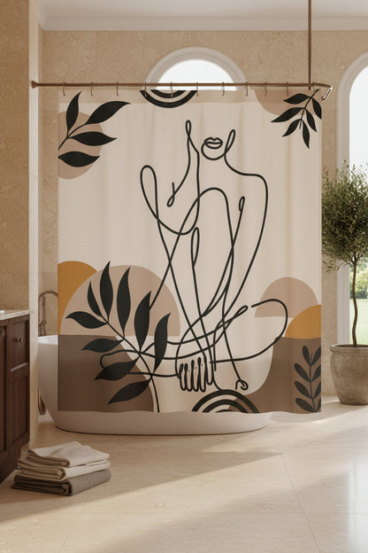 A shower curtain featuring a minimalist black line art illustration of a seated figure, surrounded by abstract organic shapes and leafy motifs in beige, brown, and mustard tones. The curtain is shown hanging from silver rings on a white rod, with a white bathtub partially visible underneath.