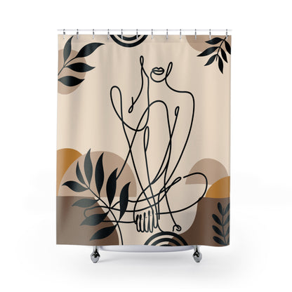 A shower curtain featuring a minimalist black line art illustration of a seated figure, surrounded by abstract organic shapes and leafy motifs in beige, brown, and mustard tones. The curtain is shown hanging from silver rings on a white rod, with a white bathtub partially visible underneath.