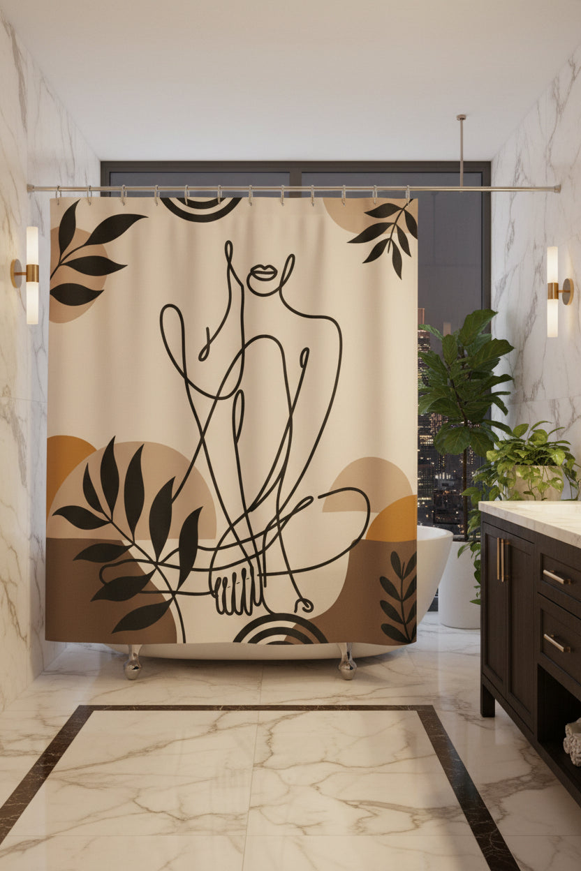 A shower curtain featuring a minimalist black line art illustration of a seated figure, surrounded by abstract organic shapes and leafy motifs in beige, brown, and mustard tones. The curtain is shown hanging from silver rings on a white rod, with a white bathtub partially visible underneath.