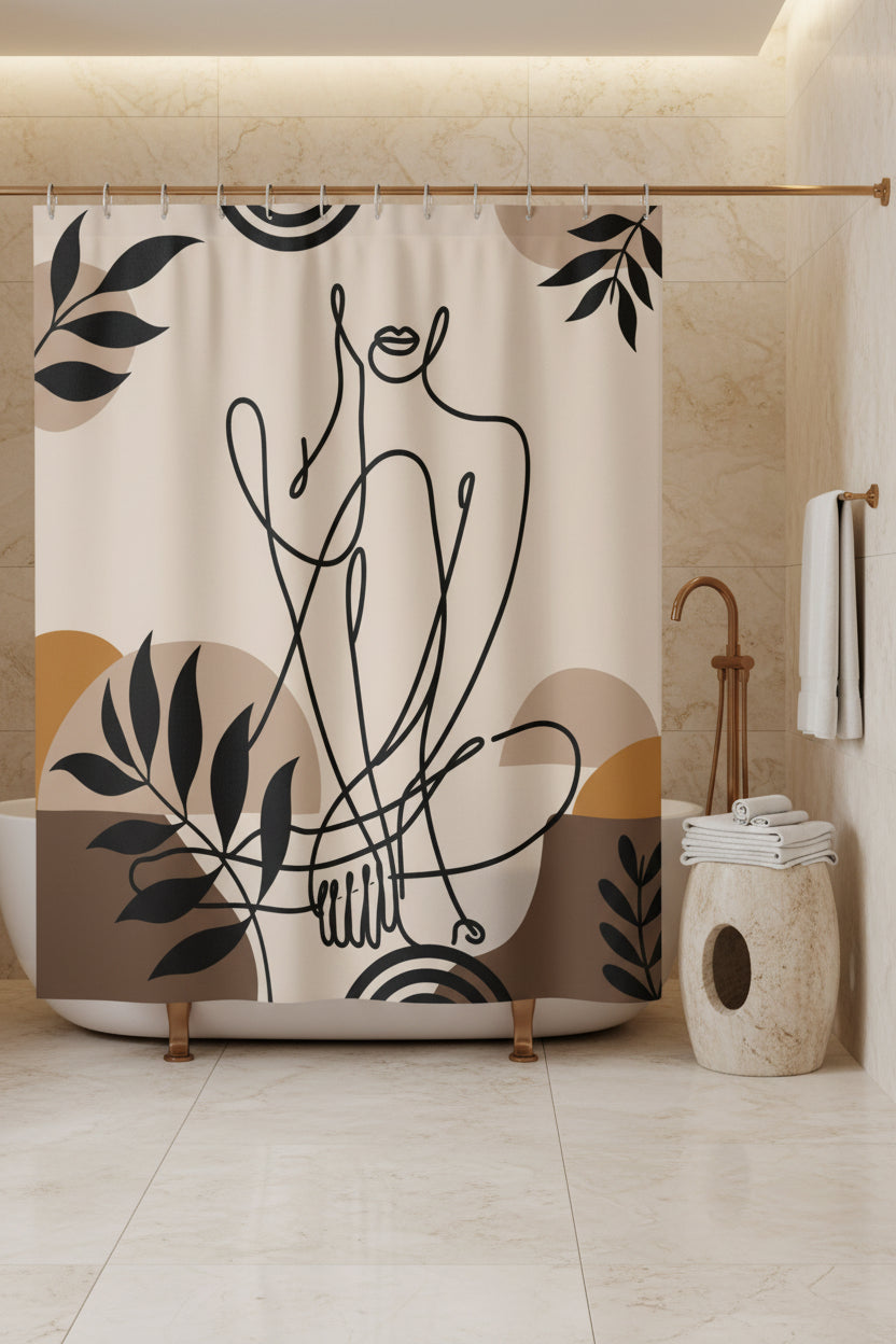 Beige figure and leaf shower curtain beside a stone stool with folded white towels and a curved bathtub faucet.