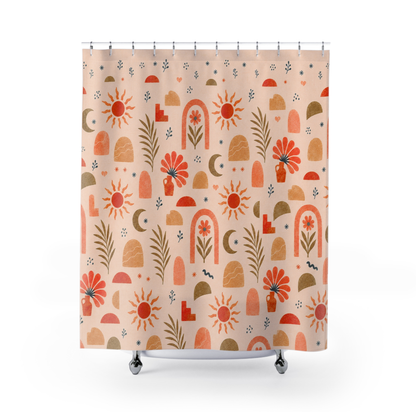 Floral Shower Curtain, Dusty Pink Terracotta Botanical Bath Decor, Modern Earthy Boho Chic Bath Curtain, Vintage Celestial Neutral Gift