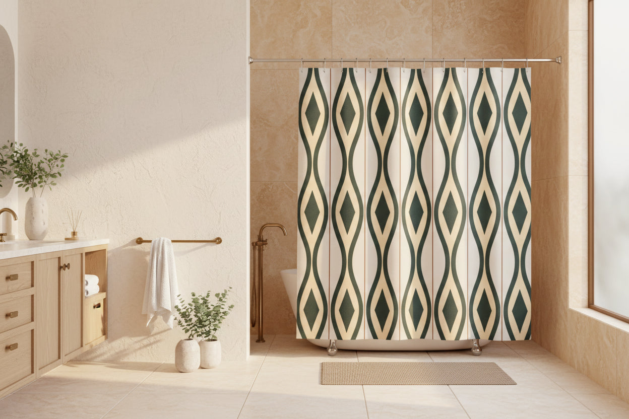 A shower curtain featuring a repeating vertical geometric pattern of dark green and beige diamonds on a light cream background, shown hanging from silver hooks against a white studio background.