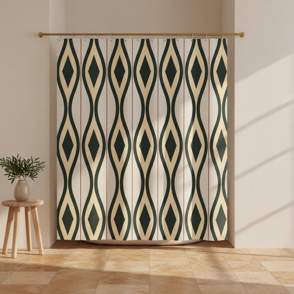 A shower curtain featuring a repeating vertical geometric pattern of dark green and beige diamonds on a light cream background, shown hanging from silver hooks against a white studio background.
