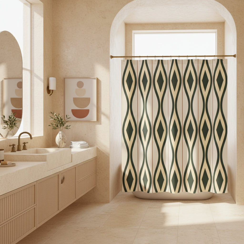 A shower curtain featuring a repeating vertical geometric pattern of dark green and beige diamonds on a light cream background, shown hanging from silver hooks against a white studio background.