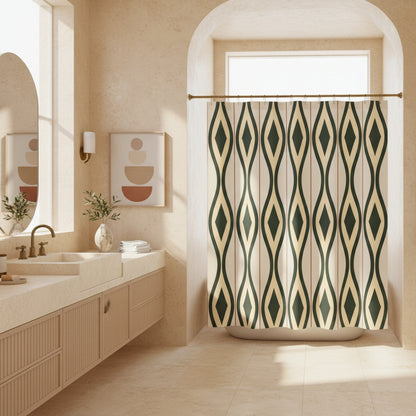 A shower curtain featuring a repeating vertical geometric pattern of dark green and beige diamonds on a light cream background, shown hanging from silver hooks against a white studio background.