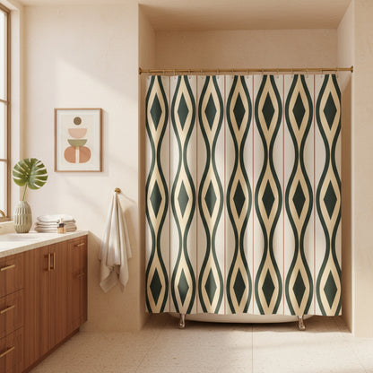 A shower curtain featuring a repeating vertical geometric pattern of dark green and beige diamonds on a light cream background, shown hanging from silver hooks against a white studio background.