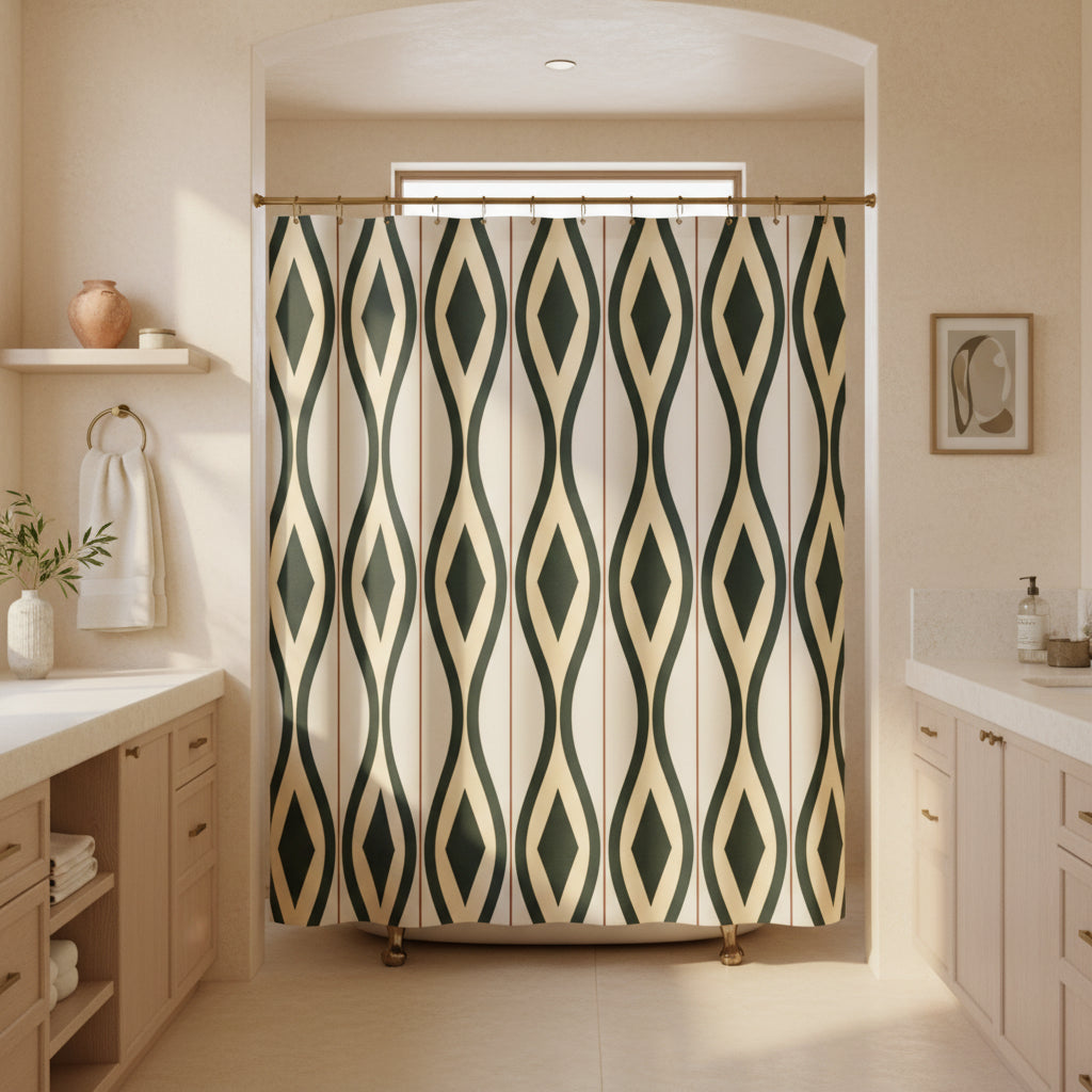 A shower curtain featuring a repeating vertical geometric pattern of dark green and beige diamonds on a light cream background, shown hanging from silver hooks against a white studio background.