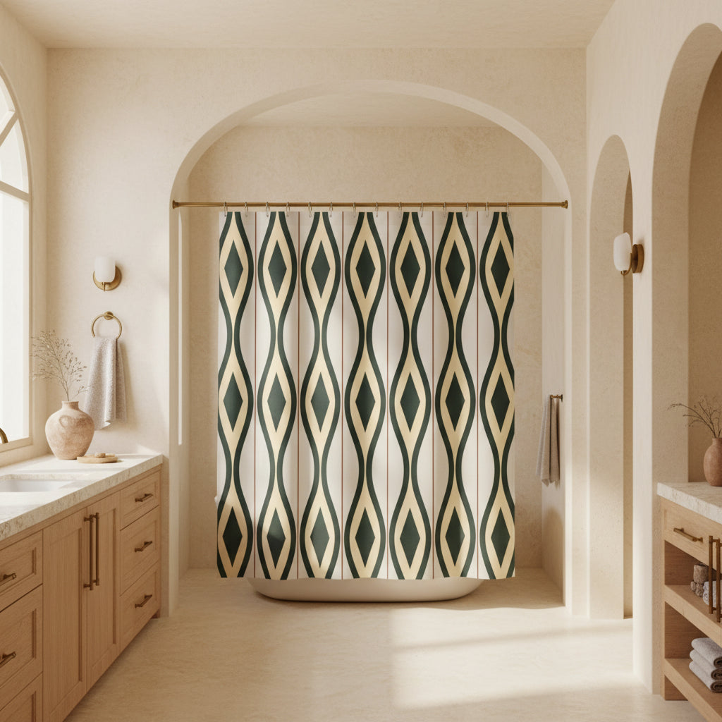 A shower curtain featuring a repeating vertical geometric pattern of dark green and beige diamonds on a light cream background, shown hanging from silver hooks against a white studio background.