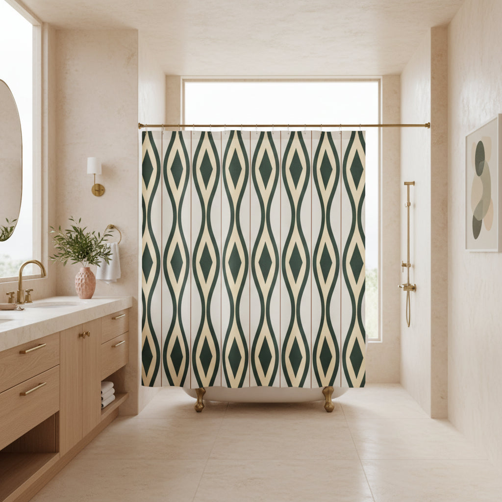 A shower curtain featuring a repeating vertical geometric pattern of dark green and beige diamonds on a light cream background, shown hanging from silver hooks against a white studio background.