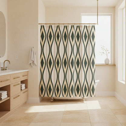 A shower curtain featuring a repeating vertical geometric pattern of dark green and beige diamonds on a light cream background, shown hanging from silver hooks against a white studio background.