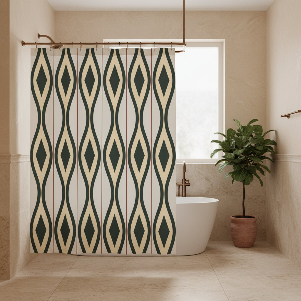 A shower curtain featuring a repeating vertical geometric pattern of dark green and beige diamonds on a light cream background, shown hanging from silver hooks against a white studio background.