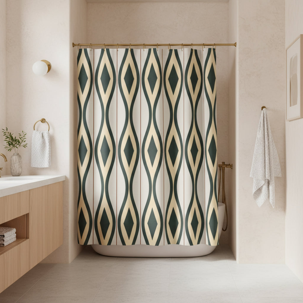 A shower curtain featuring a repeating vertical geometric pattern of dark green and beige diamonds on a light cream background, shown hanging from silver hooks against a white studio background.