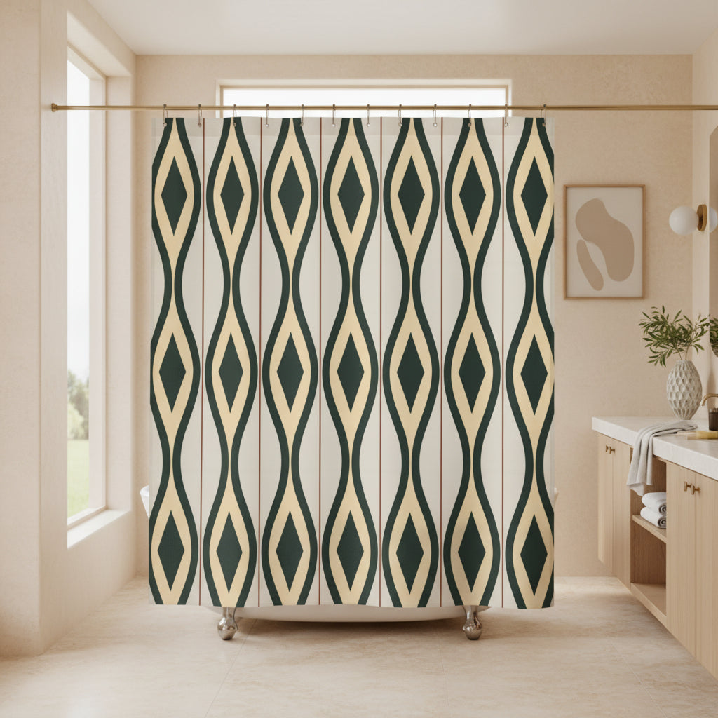 A shower curtain featuring a repeating vertical geometric pattern of dark green and beige diamonds on a light cream background, shown hanging from silver hooks against a white studio background.