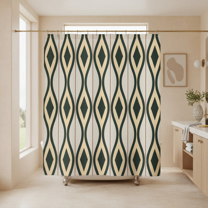 A shower curtain featuring a repeating vertical geometric pattern of dark green and beige diamonds on a light cream background, shown hanging from silver hooks against a white studio background.