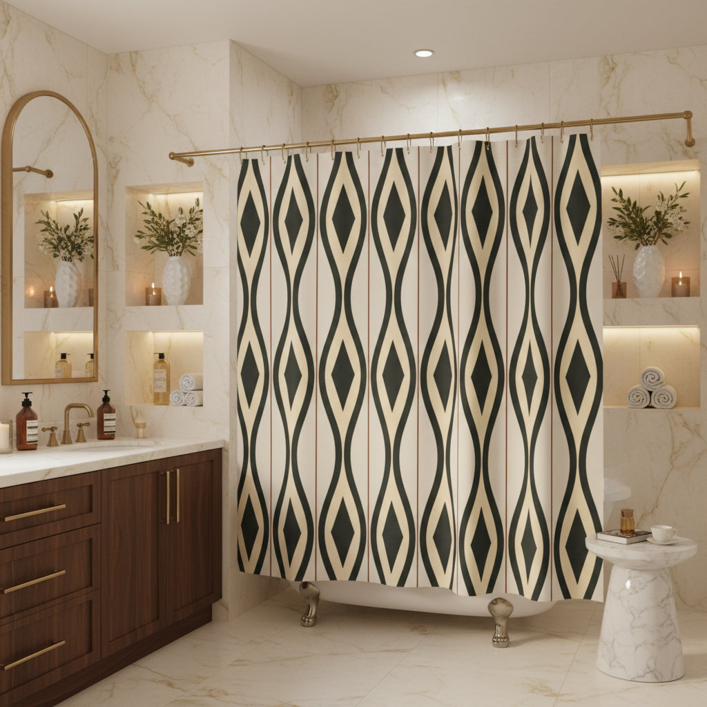A shower curtain featuring a repeating vertical geometric pattern of dark green and beige diamonds on a light cream background, shown hanging from silver hooks against a white studio background.