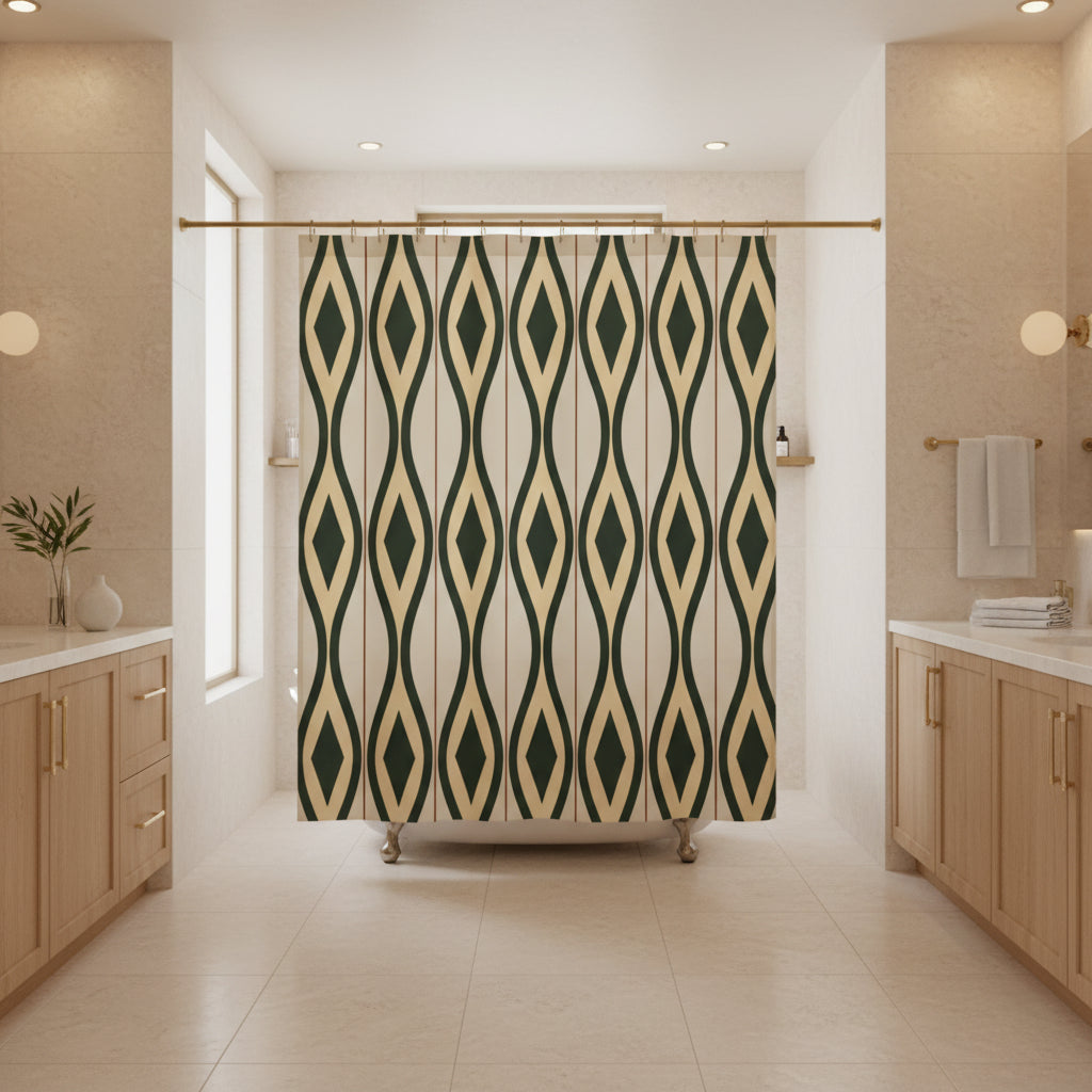 A shower curtain featuring a repeating vertical geometric pattern of dark green and beige diamonds on a light cream background, shown hanging from silver hooks against a white studio background.