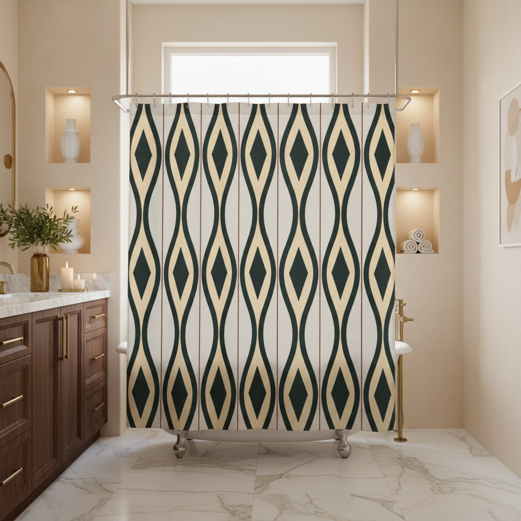 A shower curtain featuring a repeating vertical geometric pattern of dark green and beige diamonds on a light cream background, shown hanging from silver hooks against a white studio background.
