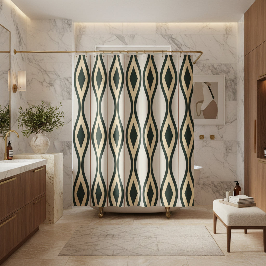 A shower curtain featuring a repeating vertical geometric pattern of dark green and beige diamonds on a light cream background, shown hanging from silver hooks against a white studio background.