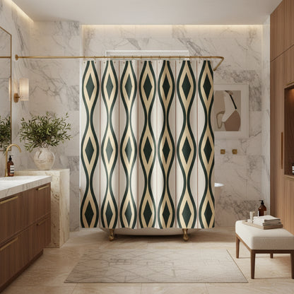 A shower curtain featuring a repeating vertical geometric pattern of dark green and beige diamonds on a light cream background, shown hanging from silver hooks against a white studio background.