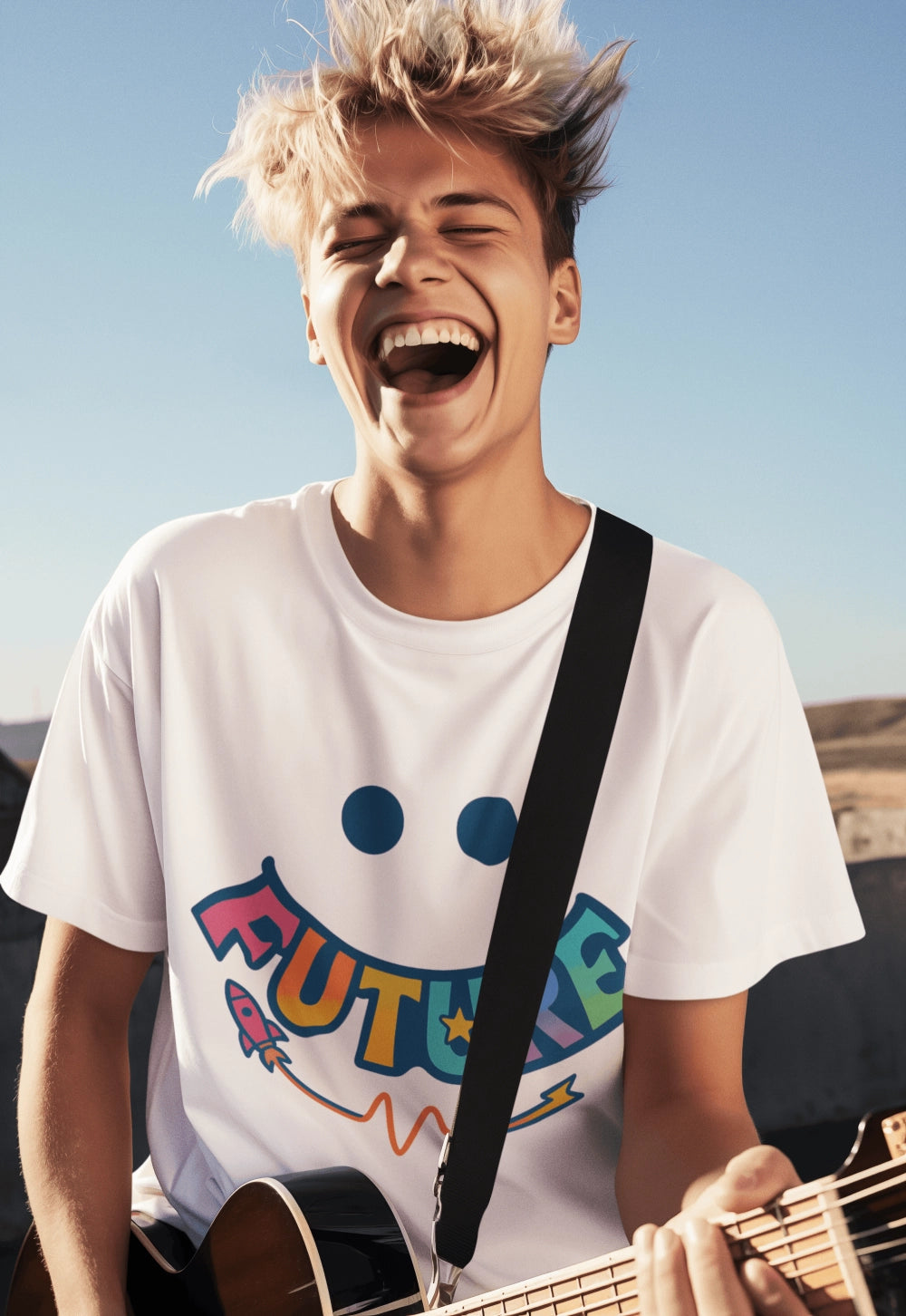 Person playing guitar with a white t-shirt featuring colorful text against a clear blue sky.