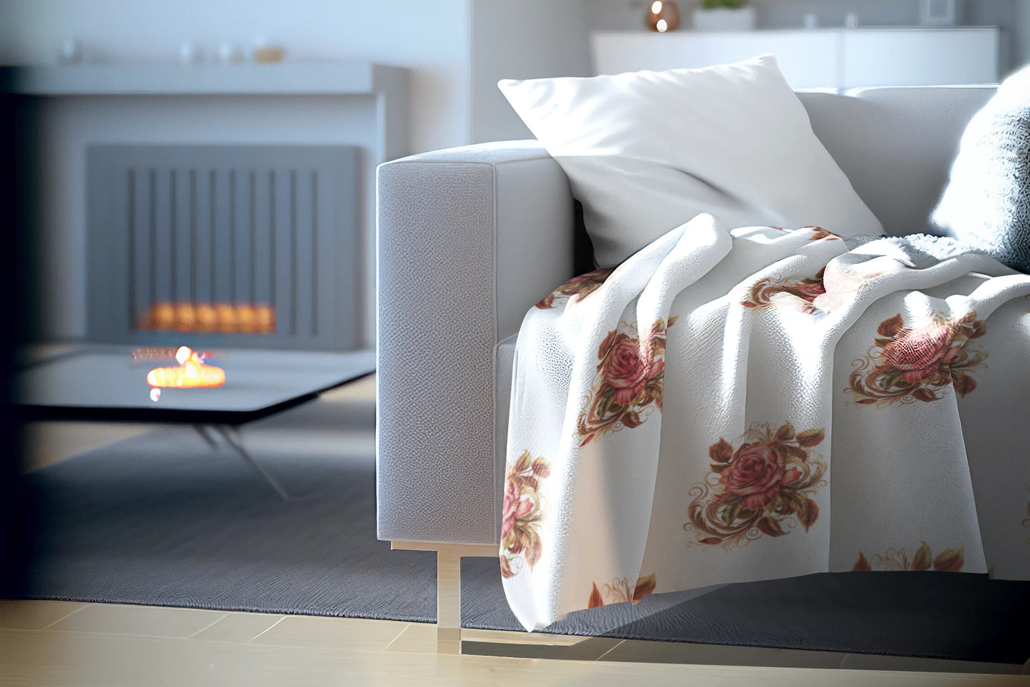 Velveteen Plush Blanket with beautiful grid design of pink roses surrounded by swirling leaves